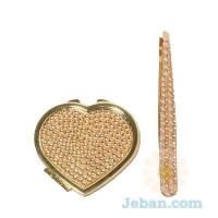 Rhinestoned Mirror Compact & Tweezer Set