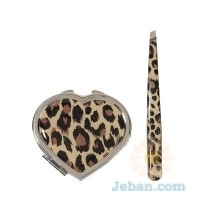 Leopard Mirror Compact & Tweezer Set